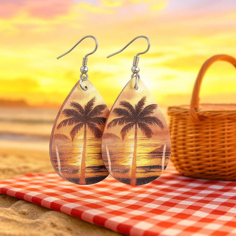 Palm Tree and Sunset Beach Earrings